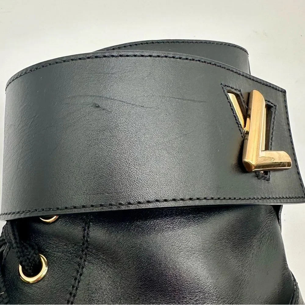 Louis Vuitton Wonderland Ranger Combat Moto Boots Black Leather LV Logo EU 38.5